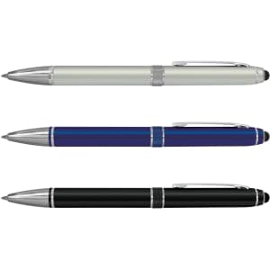 A set of three stylus pens in silver, blue, and black, each featuring a metallic finish and a clip.
