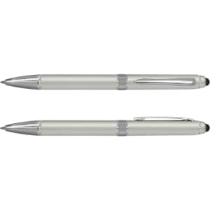 A stylus pen in a soft green shade with silver accents and a branding logo.