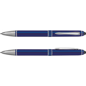 A blue stylus pen featuring a sleek design with silver accents, shown from two angles.