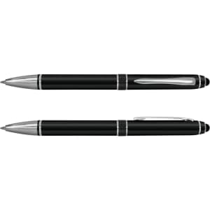 A black stylus pen with a sleek design and silver accents. It features a removable cap for the writing tip.