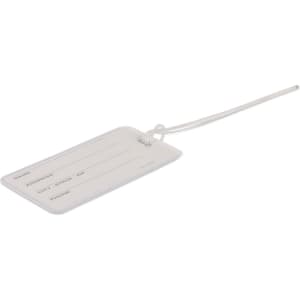 A clear luggage tag with spaces for name, address, city, state, and phone number. It includes a loop for attachment.