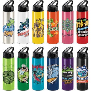 A drink bottle collection featuring various designs and colours, including silver, yellow, and purple, with flip caps.
