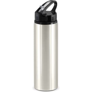 A drink bottle with a stainless steel body and a black flip cap. It features a handle and a logo.