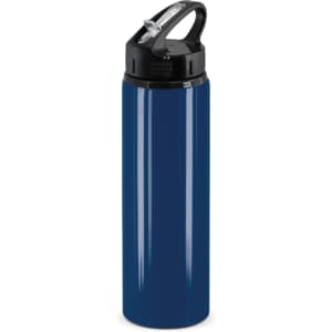 A drink bottle in a dark blue colour with a black flip cap and a handle. It features a logo on the body.