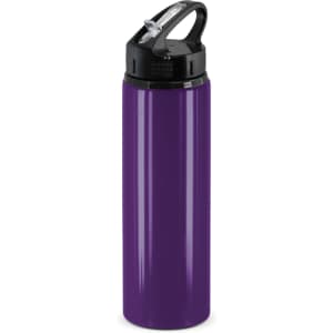 A drink bottle in vibrant purple with a black flip cap and carrying handle, featuring a logo.