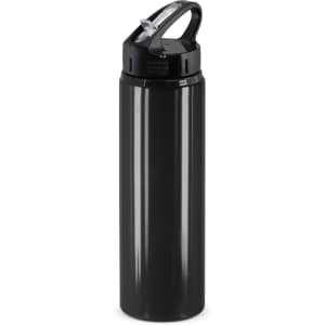A drink bottle in black with a flip cap and a handle, featuring a logo on the body.