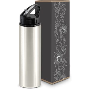 A drink bottle in silver with a flip cap, accompanied by decorative packaging featuring a design and logo.