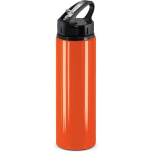A drink bottle in vibrant orange with a black flip cap and a handle for easy transport. It features a logo.
