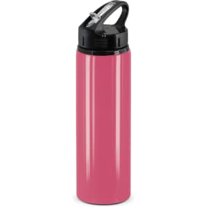 A drink bottle in vibrant pink with a black flip cap and handle. Features a smooth, glossy finish.