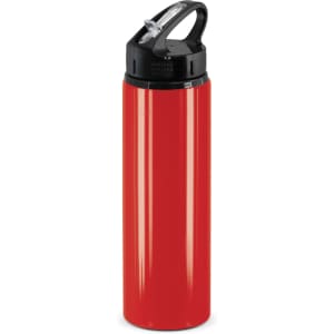 A drink bottle in vibrant red with a black flip cap and a handle, featuring a logo.