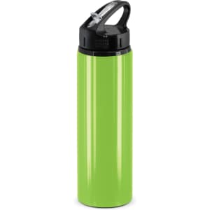 A drink bottle in bright green with a black flip cap and carrying handle. It features a logo on the base.