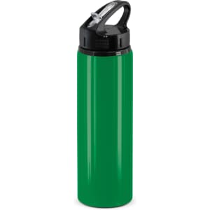 A drink bottle in vibrant green with a black flip cap and carry handle, featuring a logo on the side.