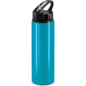 A drink bottle in vibrant turquoise with a black flip cap and a handle, featuring a logo.