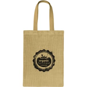 A jute tote bag in natural colour with a logo printed in black. It features two sturdy handles for easy carrying.