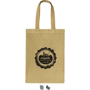 A jute tote bag in a natural beige colour featuring a logo in black. It has two sturdy handles.