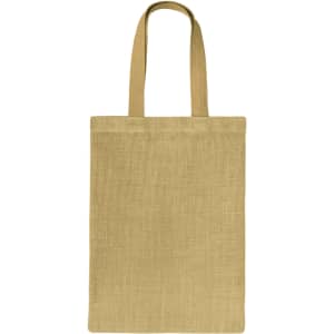 A jute tote bag in a natural beige colour with two sturdy handles and a simple design.