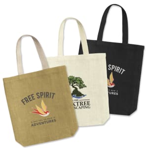 A collection of three jute tote bags in khaki, cream, and black, each featuring a logo on the front.
