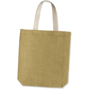 A jute tote bag in a light olive green shade, featuring two shoulder straps and a textured finish.