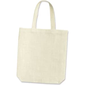 A light beige jute tote bag with two handles and a simple design. It features a logo on one side.