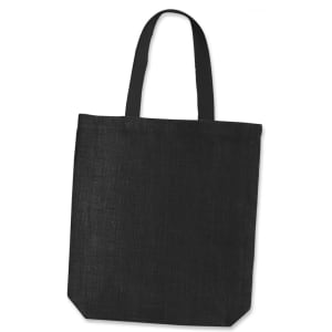 A black jute tote bag with sturdy handles and a simple design. The bag features a logo.