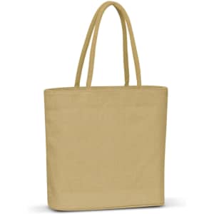 A jute tote bag in a light beige color with two sturdy handles.