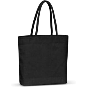 A black jute tote bag with two handles, featuring a spacious design suitable for carrying various items.