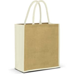A jute tote bag in natural brown with cream handles, featuring a simple, unbranded design.