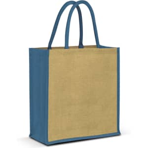 A jute tote bag in natural and blue colours with two sturdy handles and a simple design.