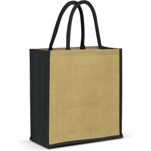 A jute tote bag in natural and dark green colours, featuring two sturdy handles and a clean design.