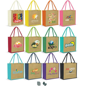 A collection of colourful jute tote bags in various designs and logos, showcasing a mix of vibrant hues and natural tones.
