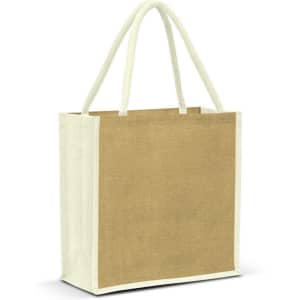 A jute tote bag in a natural brown colour with cream handles and trim. It features a logo on one side.
