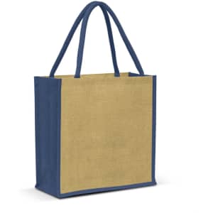 A jute tote bag in natural and navy blue, featuring sturdy handles and a plain surface with a logo.