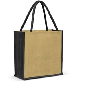 A jute tote bag in a natural tone with black handles and edges, featuring a logo on one side.