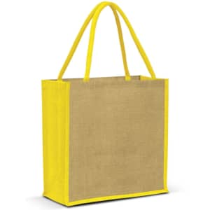 A jute tote bag in a natural colour with vibrant yellow handles and trim. It features a logo.