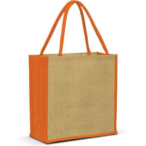 Jute tote bag in natural and orange, featuring sturdy handles and a logo. Ideal for eco-friendly shopping.