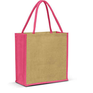 A jute tote bag with a natural beige body and bright pink handles, featuring a logo on the side.