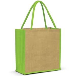 A jute tote bag featuring a natural brown body and bright green handles, with a branding logo.