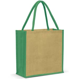 A jute tote bag featuring a natural brown body and green handles, designed for everyday use.