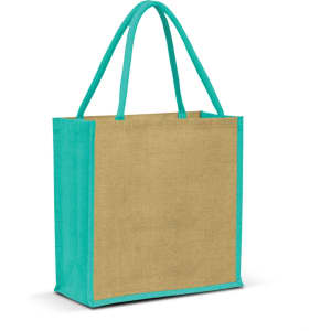 A jute tote bag in natural brown with teal handles and trim, featuring a blank side for branding.