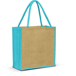 A jute tote bag with a natural brown body and turquoise handles, featuring a simple design and a logo.