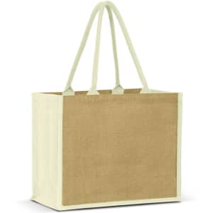 A jute tote bag in natural tan with light cream handles and a simple, unmarked design.