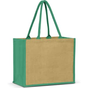 A jute tote bag with a natural beige body and green handles, featuring a logo on one side.