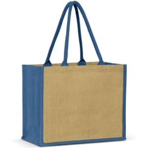 A jute tote bag featuring a natural beige body and blue handles, with a simple design and a logo on the front.