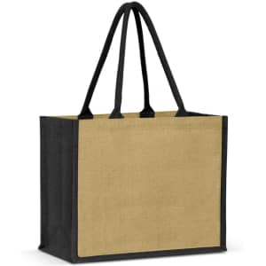 A jute tote bag in natural beige with black handles. Features a simple design and has a logo on one side.