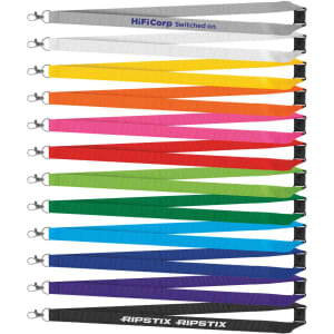 A collection of colourful lanyards in various shades, featuring clips and a logo on some.
