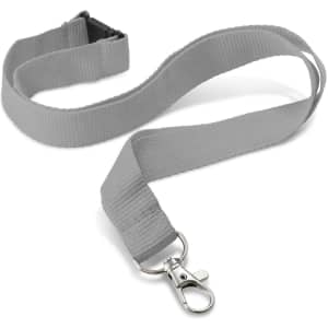 A gray lanyard featuring a durable clip for securing cards or small items.