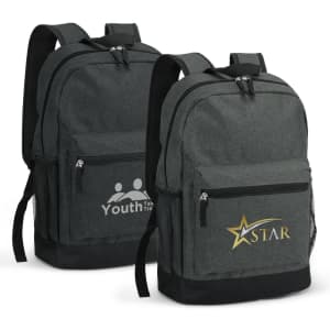 A grey backpack with a front zip pocket and mesh side pockets. It features a logo on one side.
