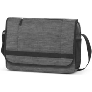 A grey messenger bag with a zip closure, adjustable strap, and front pocket. Features a branded logo.