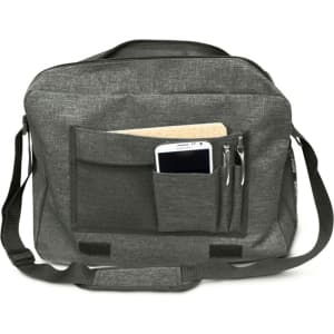 A grey messenger bag featuring multiple compartments, including pockets for a phone and pens. It has a sleek design and shoulder strap.