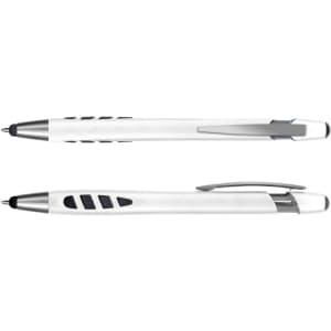 A white plastic stylus pen with silver accents and a textured grip, featuring a logo.